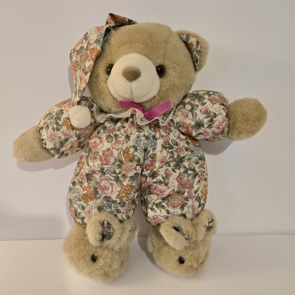 Ben Rickert Inc. Tan Teddy Bear Floral Outfit & Hat Bunny Slippers 13"